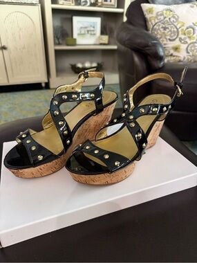 Guess Black Patent Studded Cork Wedge Sandals